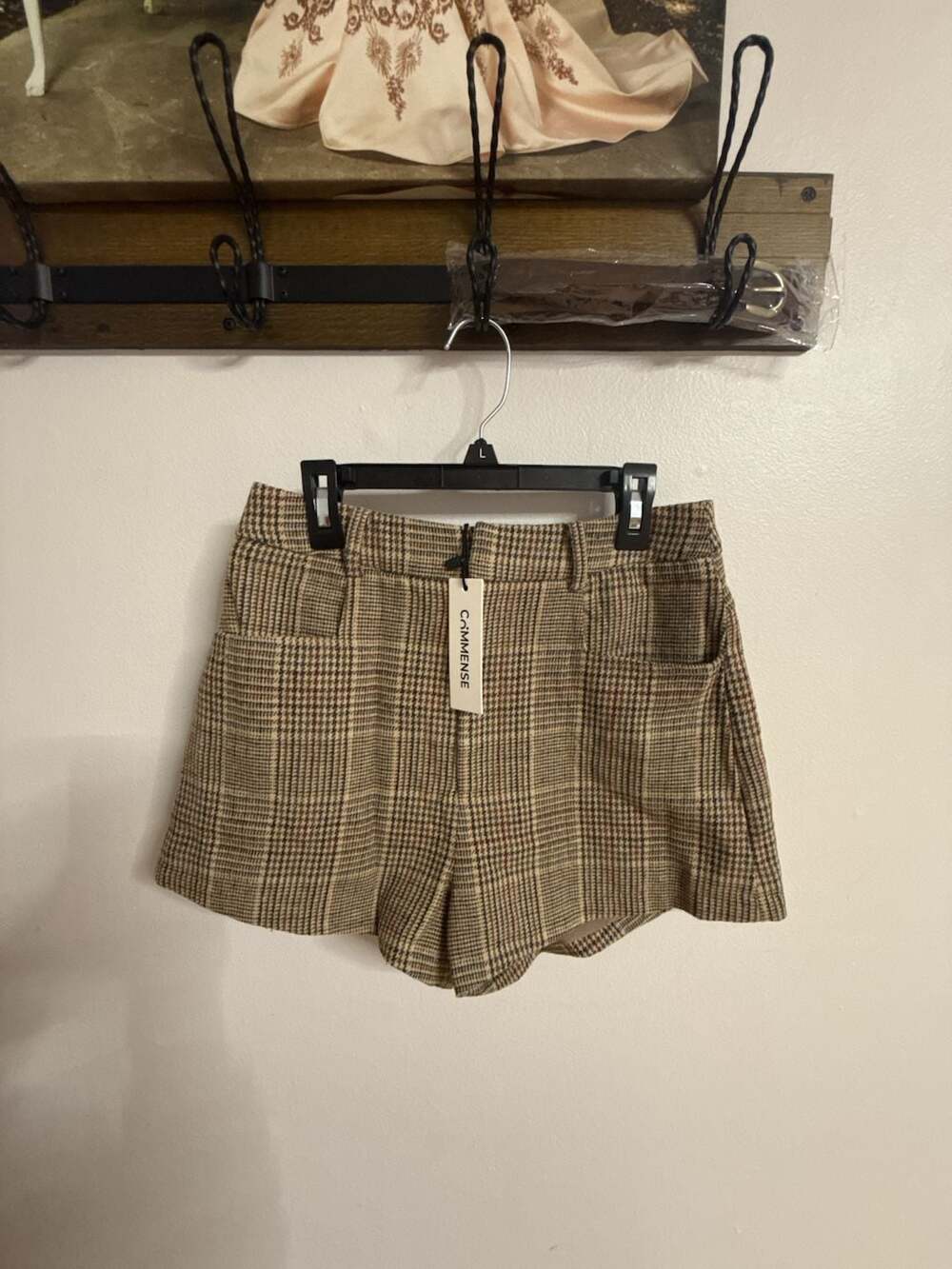 Commense Belted High-Waist Houndstooth Tweed Shorts